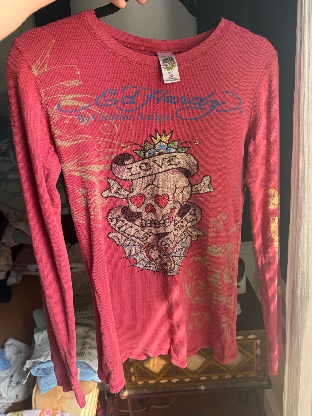 Ed Hardy by Christian Audigier Love Skull Rhinestone Thermal – Size Medium